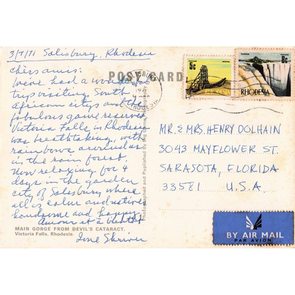Vintage 1971 Victoria Falls Rhodesia Postcard Main Gorge Salisbury Postmark VG - Picture 2 of 2
